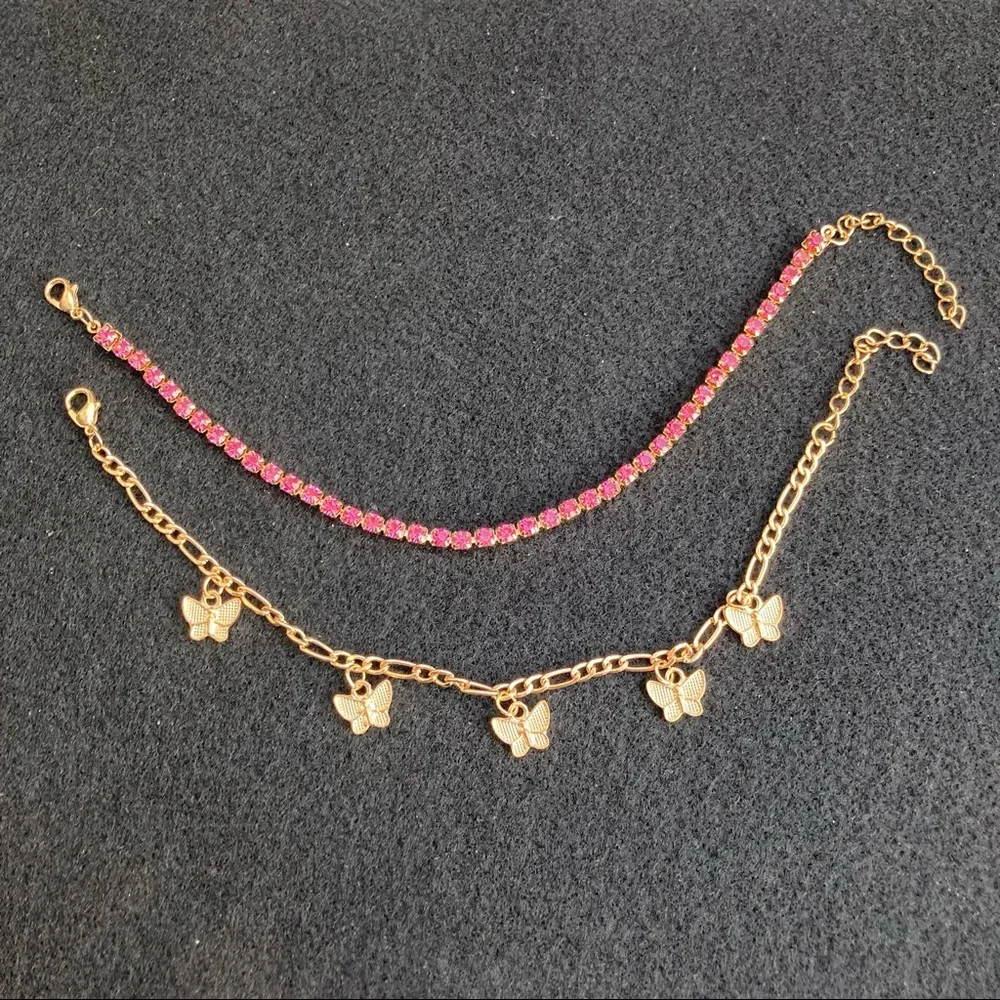 Gold Toned Butterfly & Pink Rhinestone Anklet Set - Picture 3 of 6